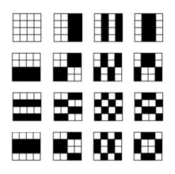 Fifteen partitions of a 4x4 array into two 8-sets