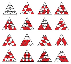 Fifteen partitions of an array of 16 triangles into two 8-sets