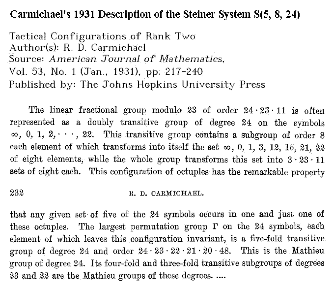 Carmichael's 1931 Description of S(5,8,24)