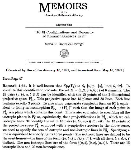 Gonzalez-Dorrego on symplectic structure in PG(3,2)