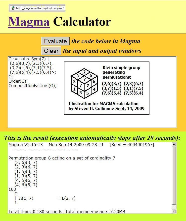 MAGMA calculation for action  of simple group of order 168 on the eightfold cube
