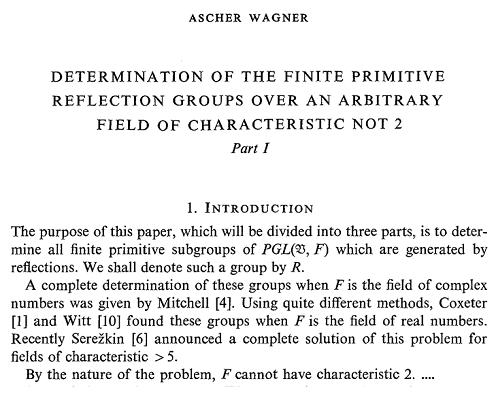Ascher Wagner's 1977 dismissal of reflection groups over fields of characteristic 2